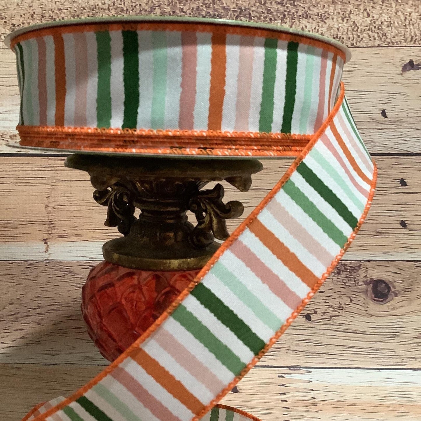 1.5" x 5 Yards Green, Orange, Peach, Mint Green Striped Ribbon-Vertical Striped Ribbon-Wired Ribbon-Ribbon For Bows, Wreath And Home Decor