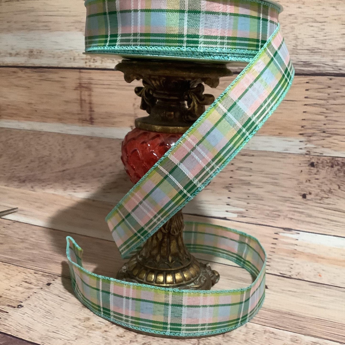 1.5" x 5 Yards Spring Plaid Ribbon-Wired Ribbon-Green Pink Blue Plaid Ribbon-All Occasion Ribbon-Ribbon For Bows, Wreaths And Home Decor