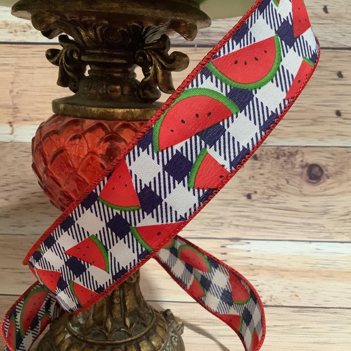 1.5" x 5 Yard Watermelon Ribbon-Navy Blue And White Plaid Ribbon-Buffalo Plaid-Watermelon Slices-Summer Ribbon-Wired Ribbon