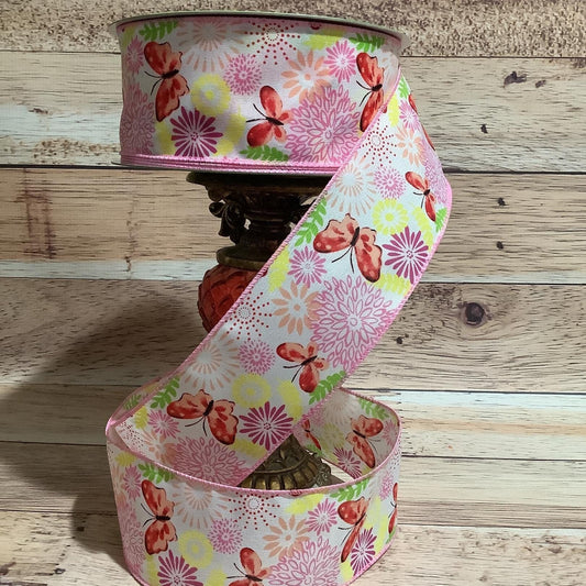 2.5" x 5 Yards Butterfly Ribbon-Spring Ribbon-Multi-colored Ribbon-Wired Ribbon-Ribbon For Bows, Wreaths And Home Decor