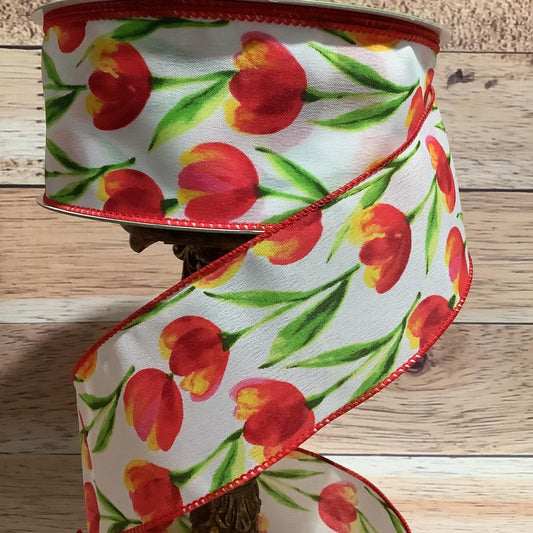 2.5" x 5 Yards Spring Floral Ribbon-Tulip Ribbon-Orange Tulip Ribbon-Wired Ribbon-Ribbon For Bows, Wreaths And Home Decor