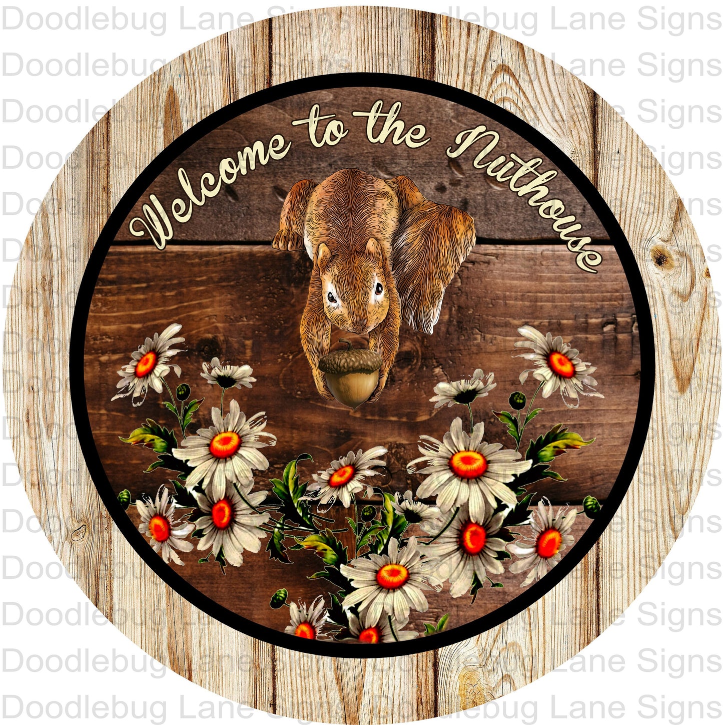 Welcome To The Nuthouse - Woodland Animals - Squirrel Wreath Sign - White Daisies - Round Wreath Sign - Aluminum Sign