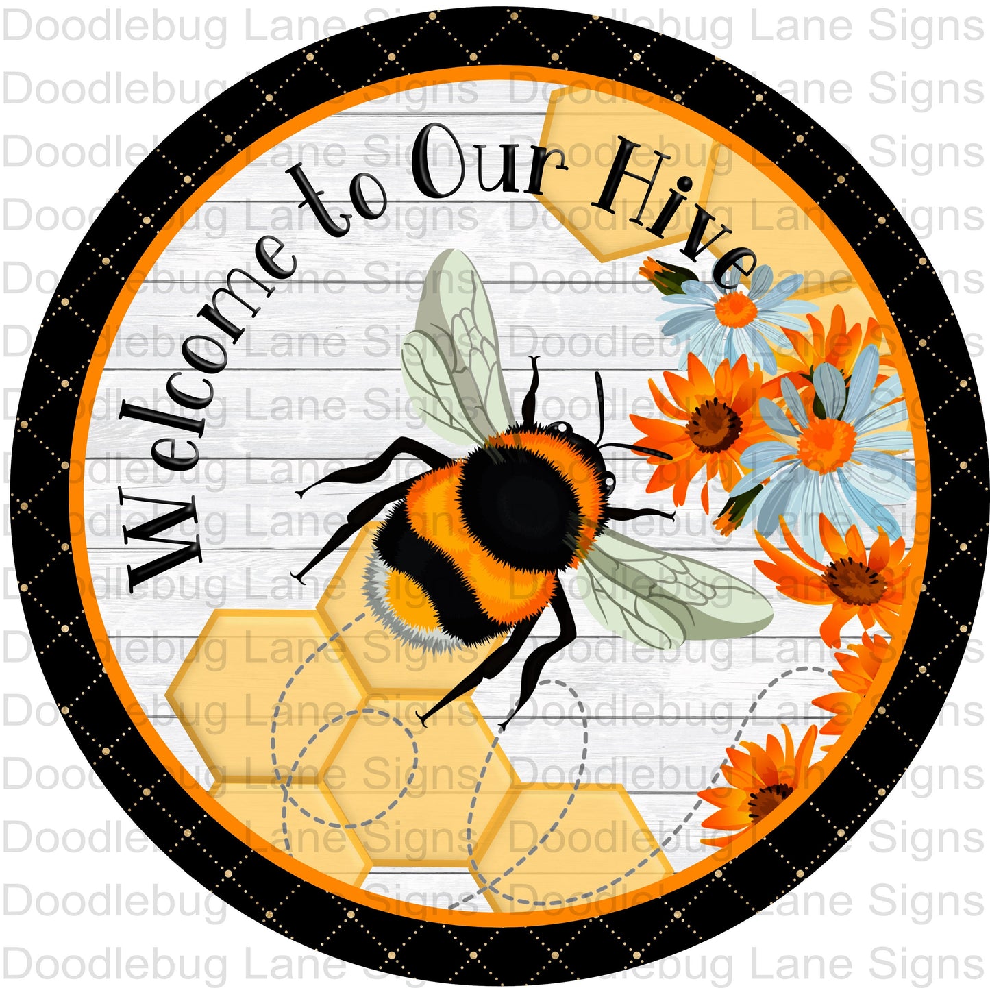 Welcome To Our Hive Wreath Sign-Bee Wreath Decor-Yellow And White Daisies-Welcome Sign-Round Wreath Sign-Aluminum Sign