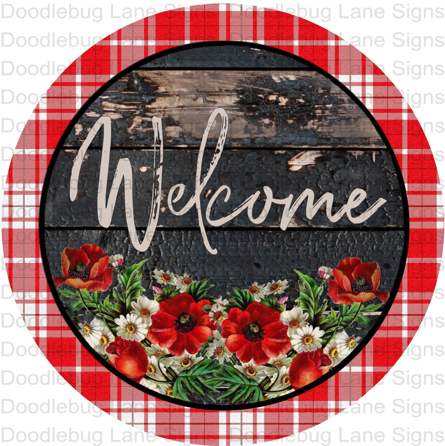 Welcome Wreath Sign-Floral Welcome Sign-Red Poppy-Red And White Plaid-Metal Wreath Sign-Round Wreath Sign-Door Decor