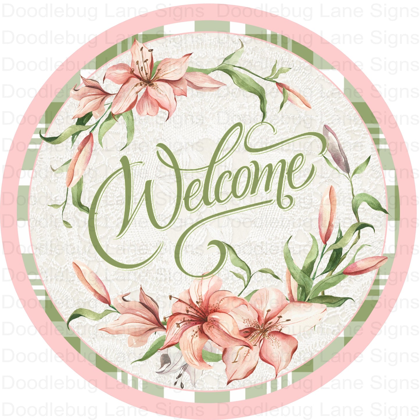 Welcome Wreath Sign-Pink Lilies-Spring Wreath Sign-Round Wreath Sign-Metal Wreath Sign-Floral Wreath Sign-Wreath Decor