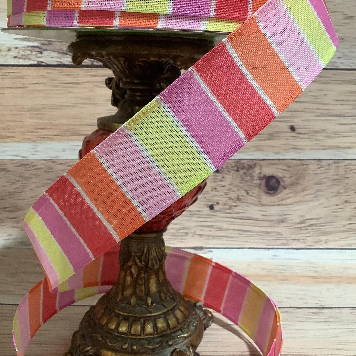 Spring Ribbon-1.5" x 5 Yards-Wired Ribbon-Vertical Striped Ribbon-Pink, Orange, Yellow Stripes-Ribbon For Bows, Wreaths, Home Decor