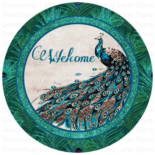 Welcome Wreath Sign - Peacock Sign-Welcome Peacock Wreath Sign-Round Wreath Sign-Metal Wreath Sign-Wreath Attachment