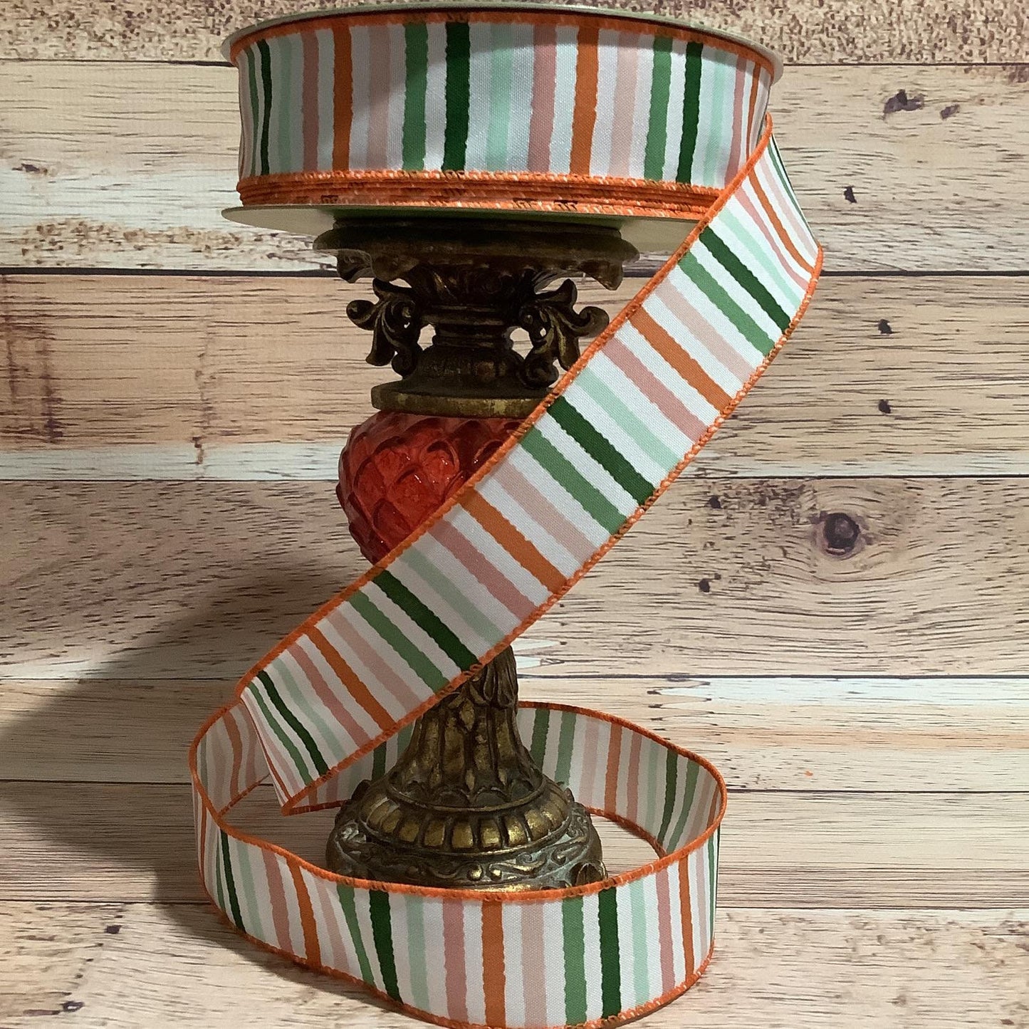 1.5" x 5 Yards Green, Orange, Peach, Mint Green Striped Ribbon-Vertical Striped Ribbon-Wired Ribbon-Ribbon For Bows, Wreath And Home Decor