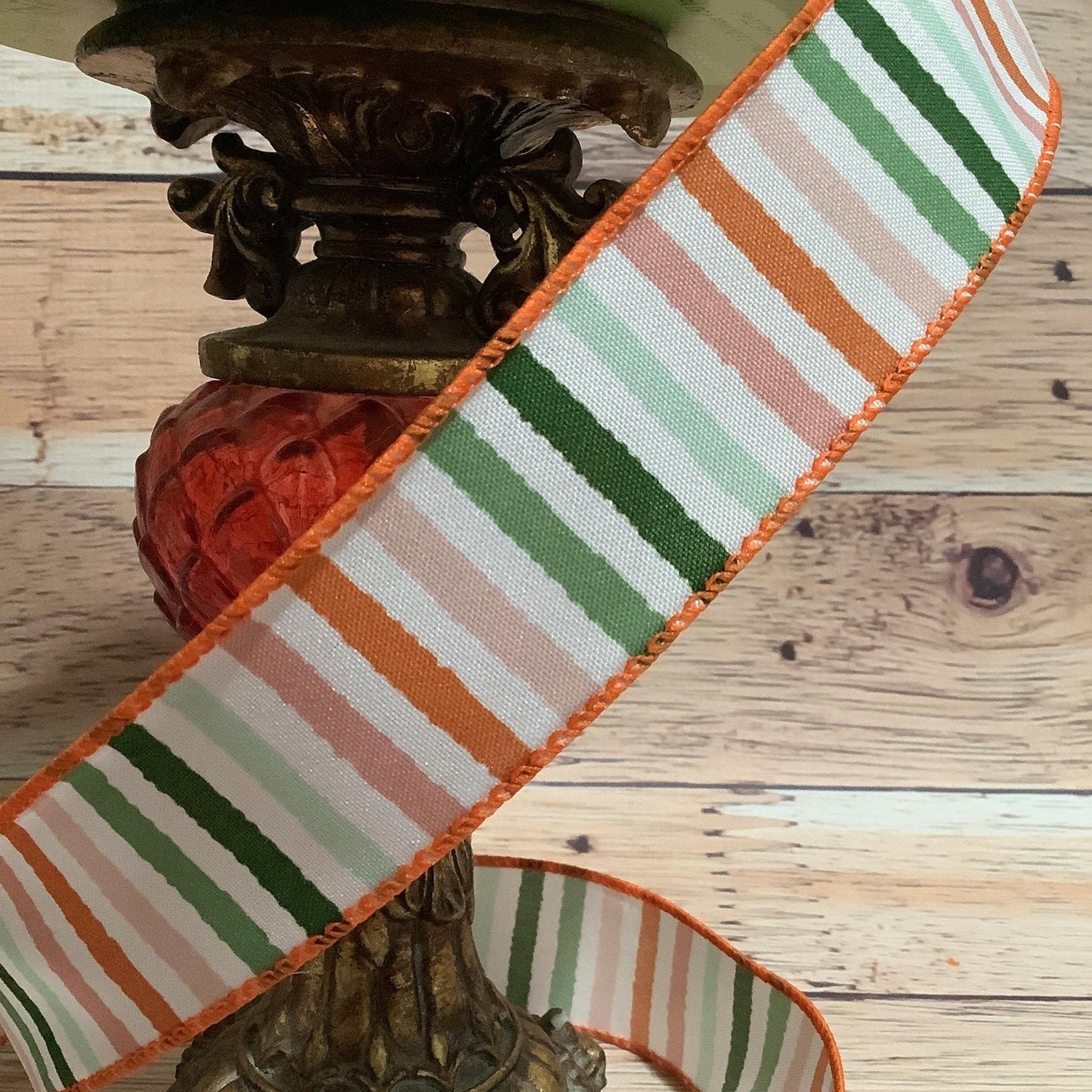 1.5" x 5 Yards Green, Orange, Peach, Mint Green Striped Ribbon-Vertical Striped Ribbon-Wired Ribbon-Ribbon For Bows, Wreath And Home Decor