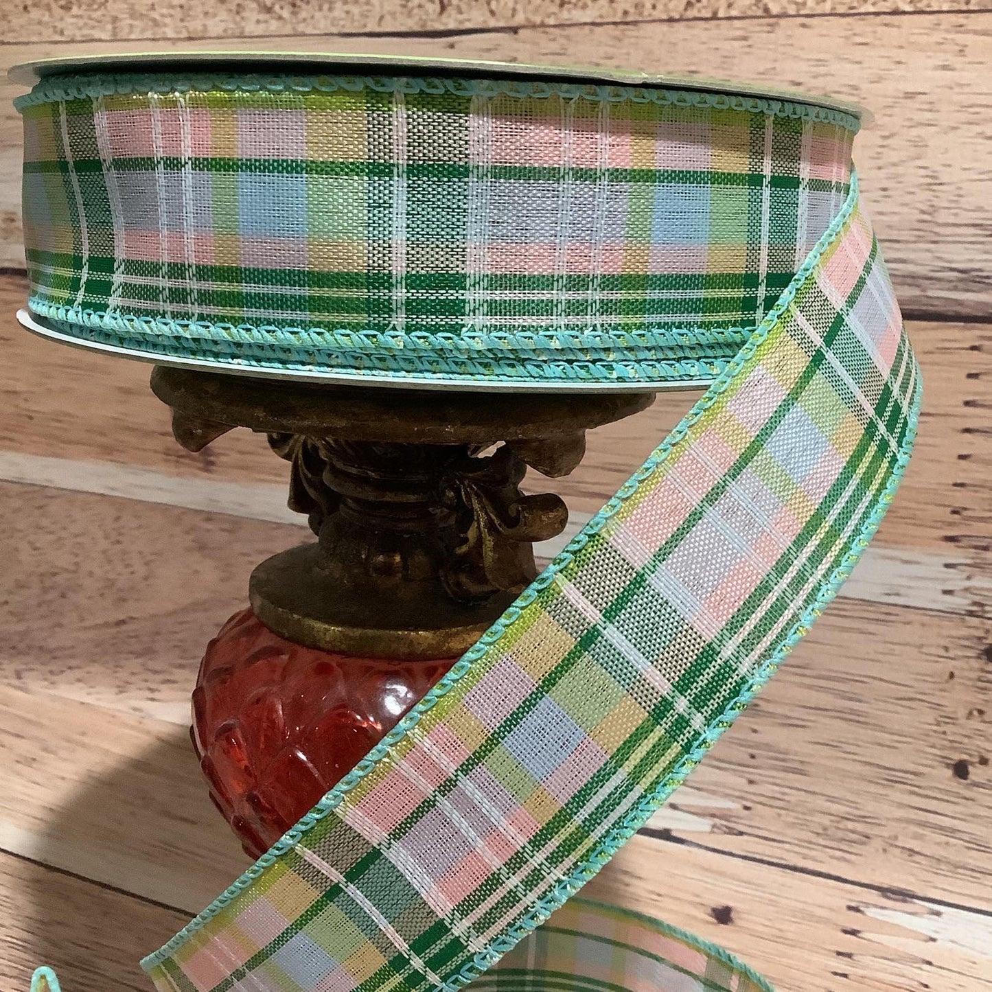 1.5" x 5 Yards Spring Plaid Ribbon-Wired Ribbon-Green Pink Blue Plaid Ribbon-All Occasion Ribbon-Ribbon For Bows, Wreaths And Home Decor