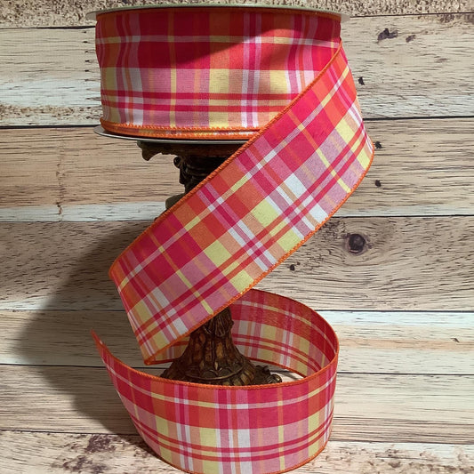 2.5" x 5 Yards Spring Ribbon-Orange Pink Yellow Plaid Ribbon-Bright And Colorful Ribbon-Ribbon For Bows, Wreaths And Home Decor-Wired Ribbon