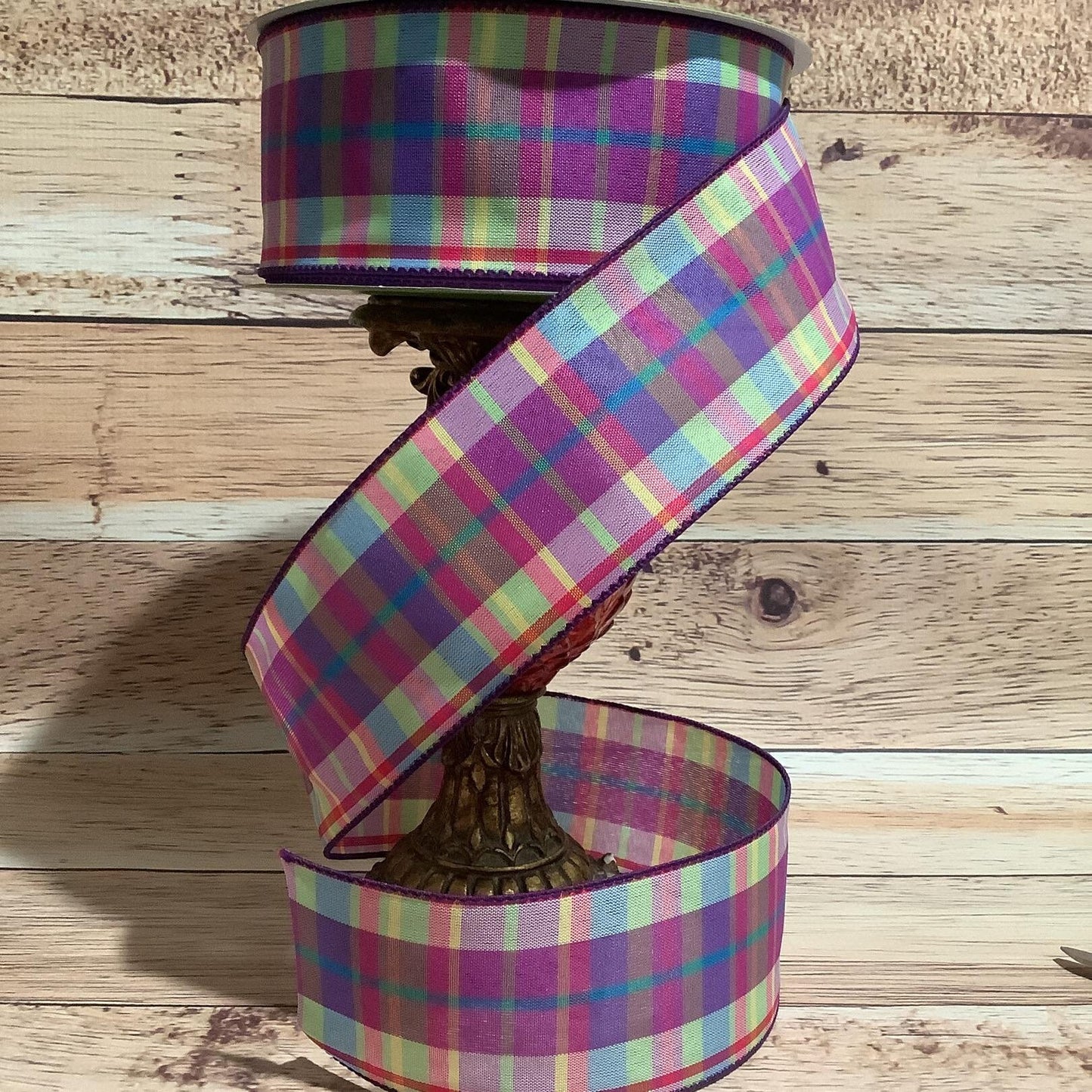 2.5" x 5 Yards Spring Ribbon-Purple Green Yellow Blue Plaid Ribbon- Wired Ribbon-Easter Ribbon-Ribbon For Bows, Wreaths And Home Decor