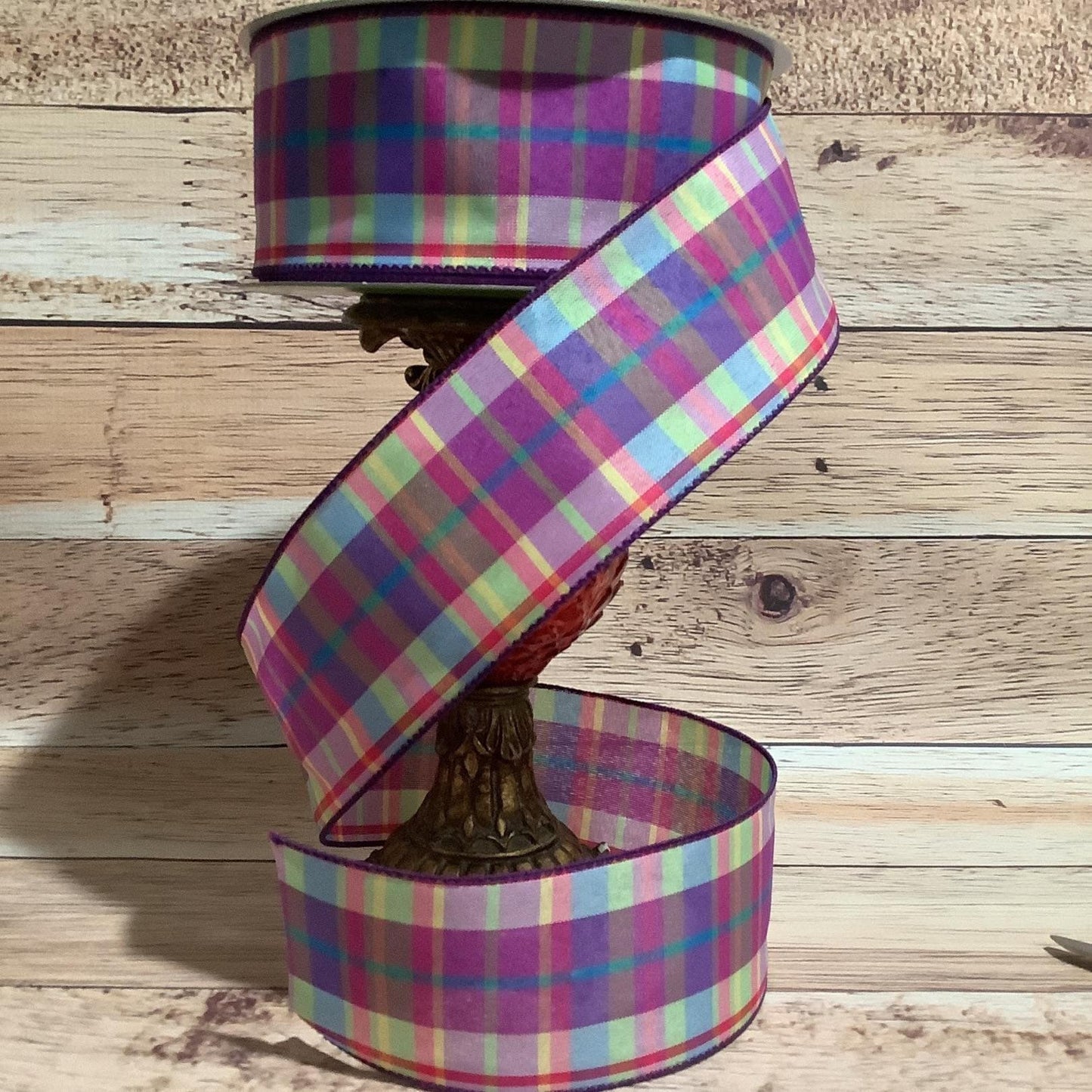 2.5" x 5 Yards Spring Ribbon-Purple Green Yellow Blue Plaid Ribbon- Wired Ribbon-Easter Ribbon-Ribbon For Bows, Wreaths And Home Decor