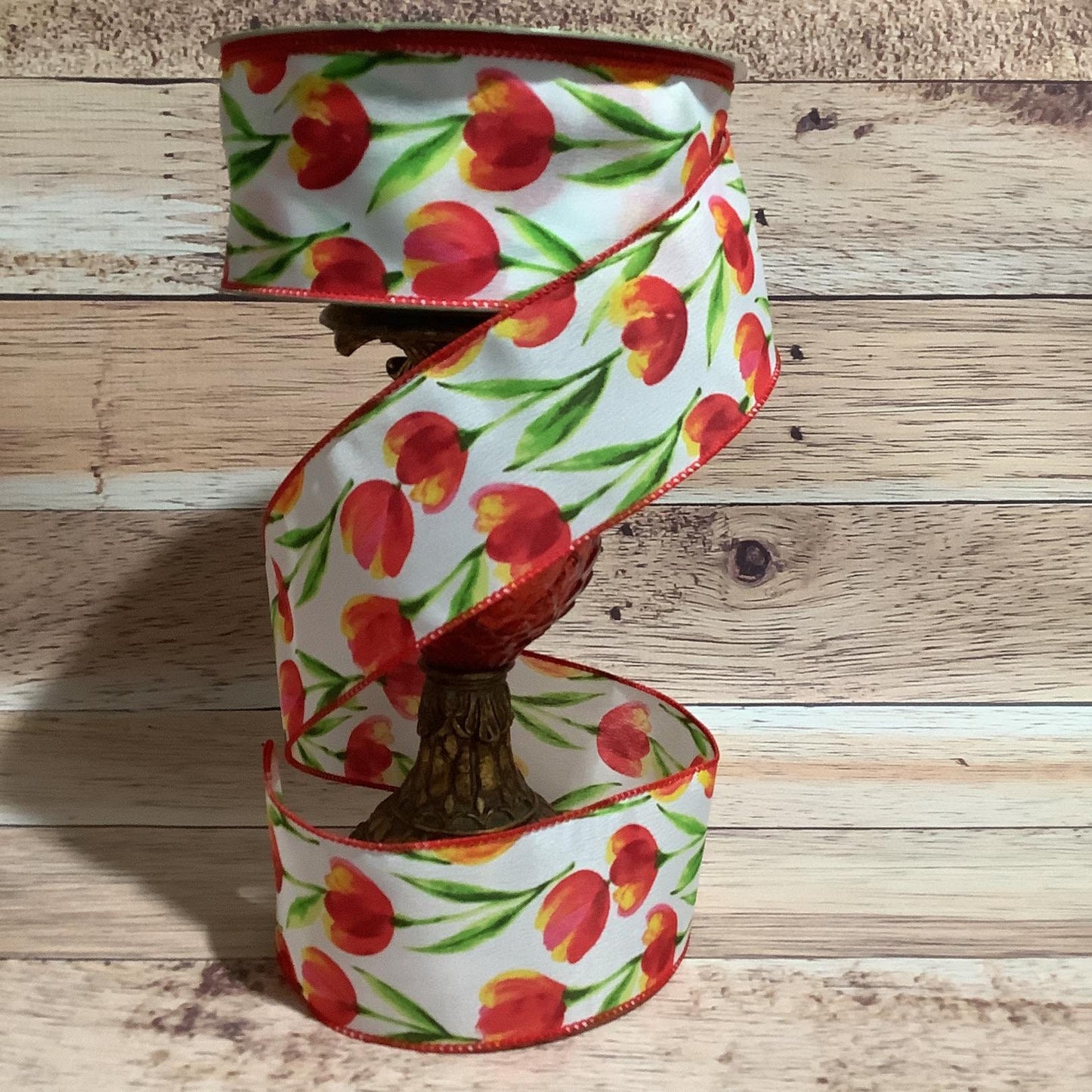 2.5" x 5 Yards Spring Floral Ribbon-Tulip Ribbon-Orange Tulip Ribbon-Wired Ribbon-Ribbon For Bows, Wreaths And Home Decor