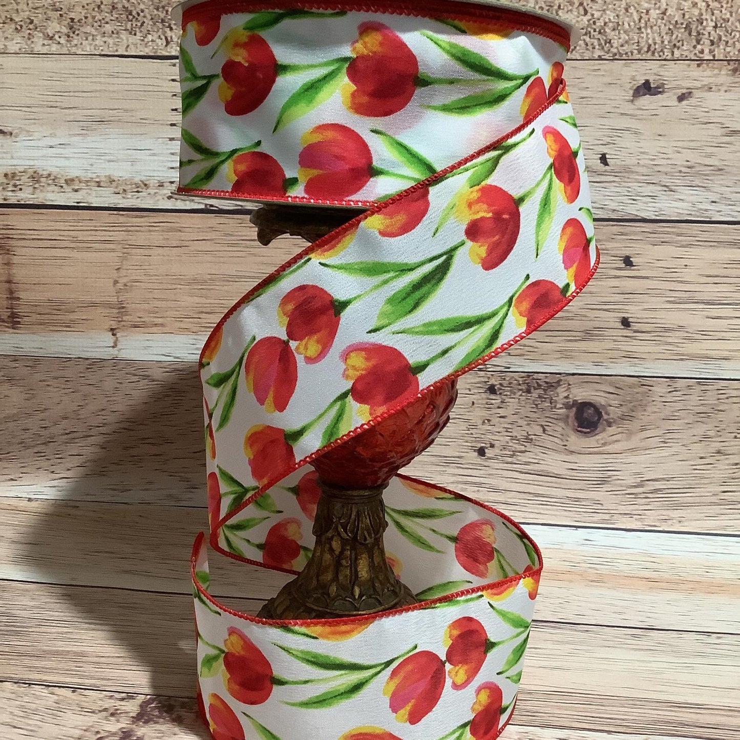 2.5" x 5 Yards Spring Floral Ribbon-Tulip Ribbon-Orange Tulip Ribbon-Wired Ribbon-Ribbon For Bows, Wreaths And Home Decor