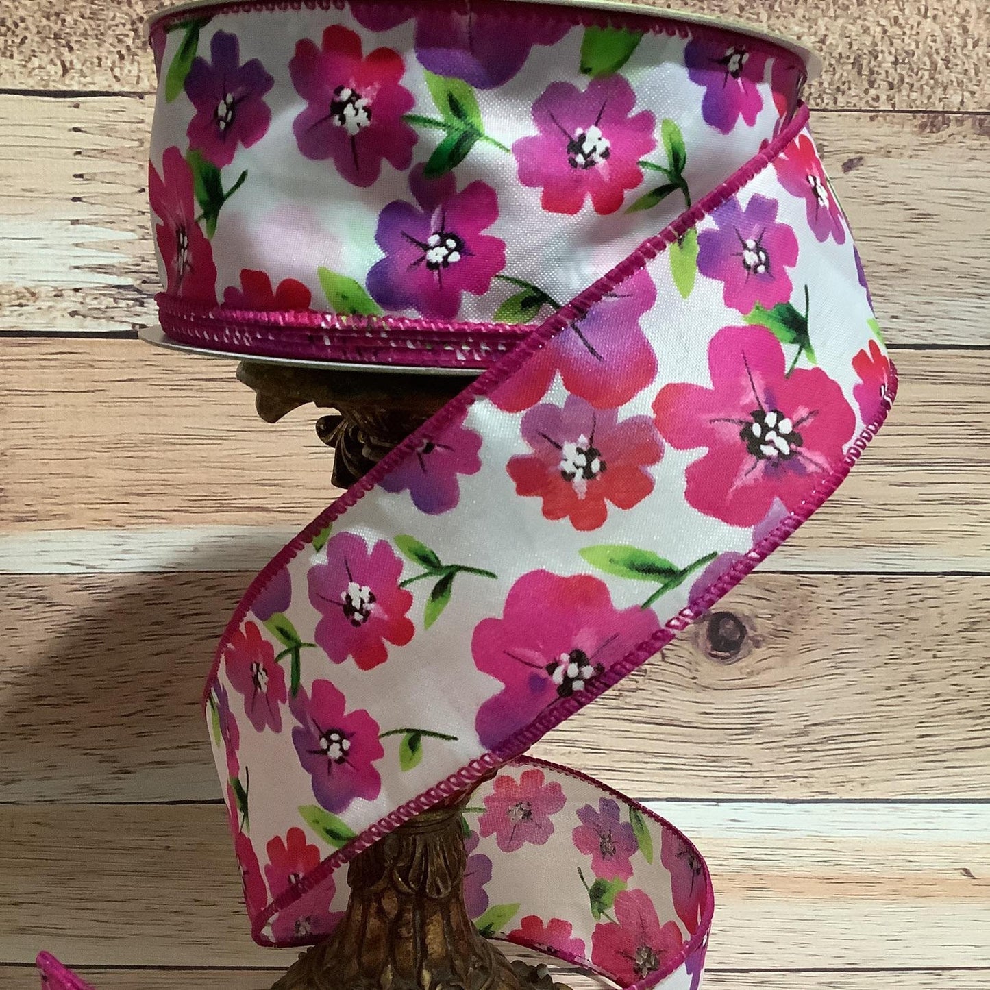 2.5" x 5 Yard Spring Ribbon-Floral Ribbon-Purple Flowers- Wired Ribbon-Ribbon For Bows, Wreaths And Home Decor-Easter Ribbon