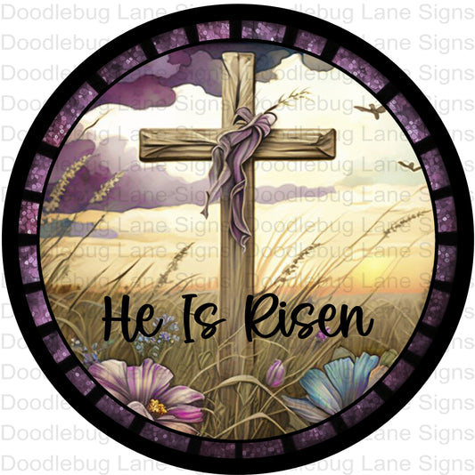 He Is Risen Wreath Sign-Faux Stained Glass Wreath Sign-Easter Wreath Sign-Wooden Cross-Round Wreath Sign-Aluminum Sign