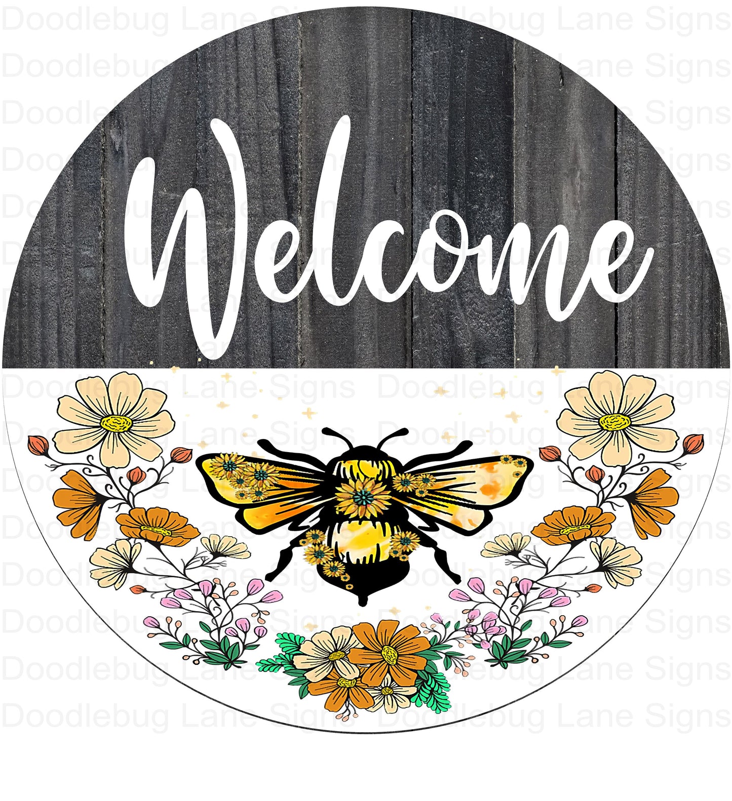 Welcome Wreath Sign-Bee Wreath Sign-Wildflowers-Faux Wood-Welcome Door Hanger-Round Wreath Sign-Aluminum Sign