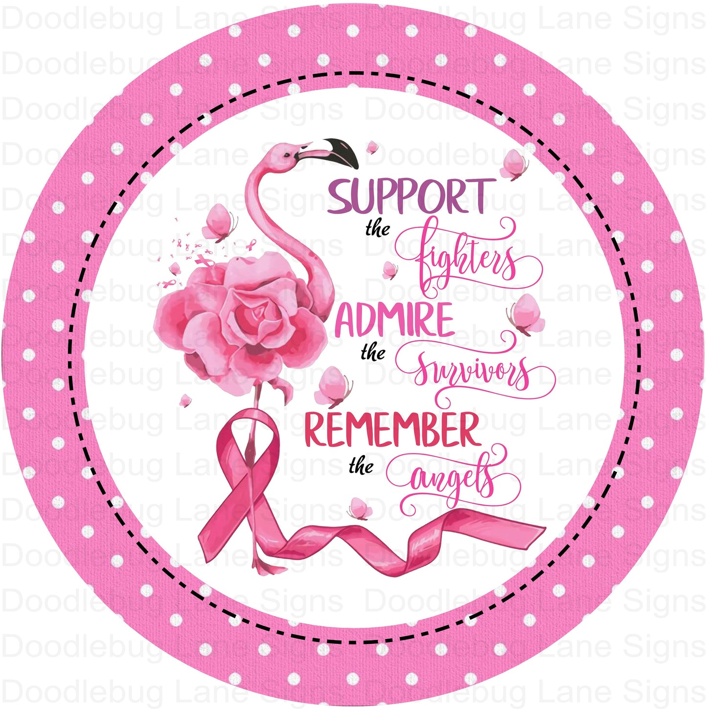 Breast Cancer Awareness Wreath Sign - Pink Flamingo _ Pink Awareness Ribbon - Round Wreath Sign - Aluminum Sign