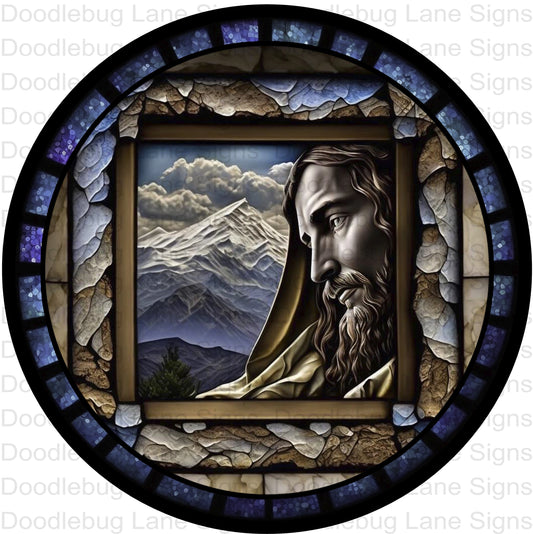 Religious-Inspirational Wreath Sign-Jesus Sign-Faux Stained Glass Wreath Sign-Round Wreath Sign-Aluminum Sign