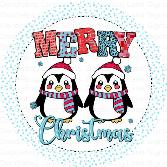 Merry Christmas Wreath Sign - Penguin Wreath Sign - Round Wreath Sign - Aluminum Sign - Wreath Attachment