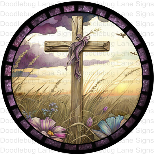 Faux Stained Glass Wreath Sign-Wooden Cross-Easter Wreath Sign-Stained Glass Easter Sign-Round Sign-Aluminum Sign