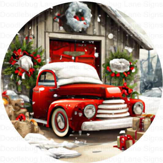 Christmas Wreath Sign-Vintage Red Truck-Winter Wreath Sign-Round Wreath Sign-Aluminum Sign