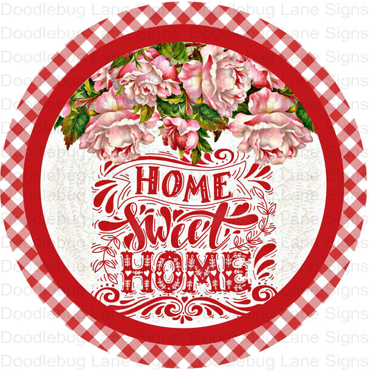 Home Sweet Home Wreath Sign-Red And White Gingham-Floral Wreath Sign-Round Wreath Sign-Aluminum Sign