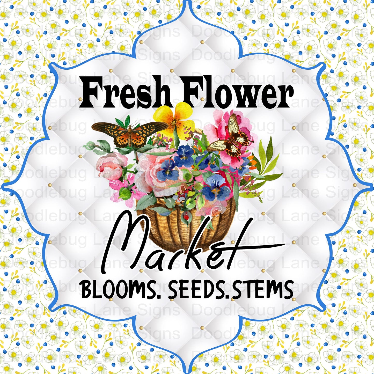 Fresh Flower Market Wreath Sign-Spring Wreath Sign-Butterflies And Flowers-Square Wreath Sign-Metal Wreath Sign