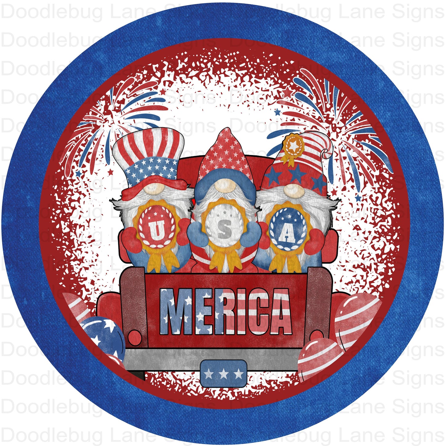 Patriotic Gnome Wreath Sign-Merica- Red White And Blue-Red Truck Sign-Round Wreath Sign-Metal Wreath Sign