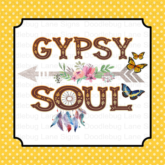 Gypsy Soul Boho Wreath Sign-Floral Arrow-Dream Catcher-Butterflies-Square Wreath Sign-Metal Wreath Sign