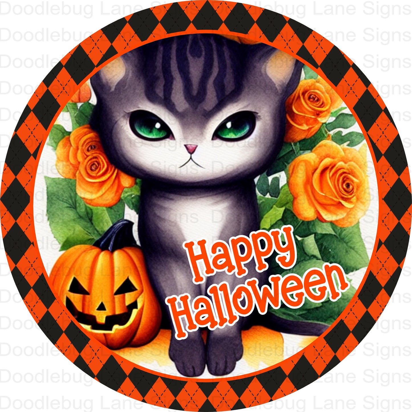 Halloween Wreath Sign-Happy Halloween-Black Cat And Pumpkins-Round Wreath Sign-Metal Wreath Sign