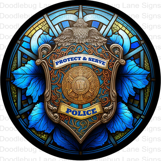 Faux Stained Glass Wreath Sign-Police Wreath Sign-Protect And Serve-Round Wreath Sign-Metal Wreath Sign