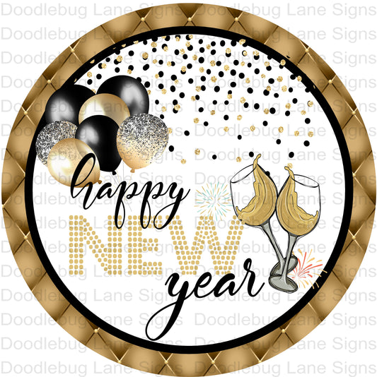 Happy New Year-New Year Wreath Sign-Black And Gold-Round Wreath Sign- Metal Wreath Sign