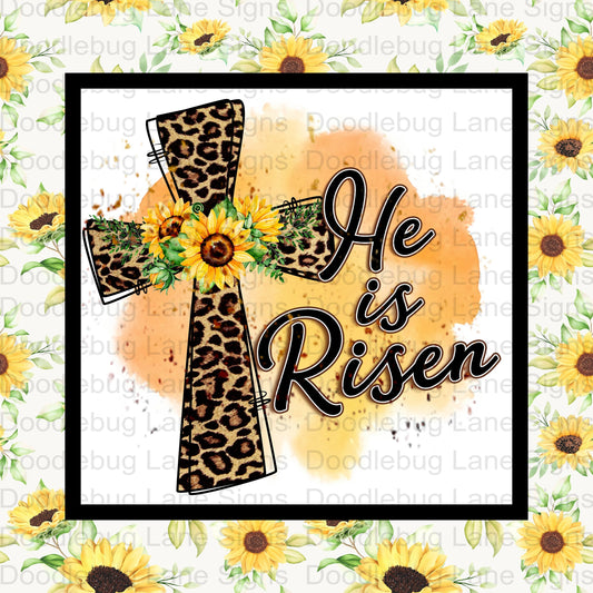 Easter Wreath Sign-He Is Risen-Leopard Print Cross-Sunflowers-Square Wreath Sign-Metal Wreath Sign