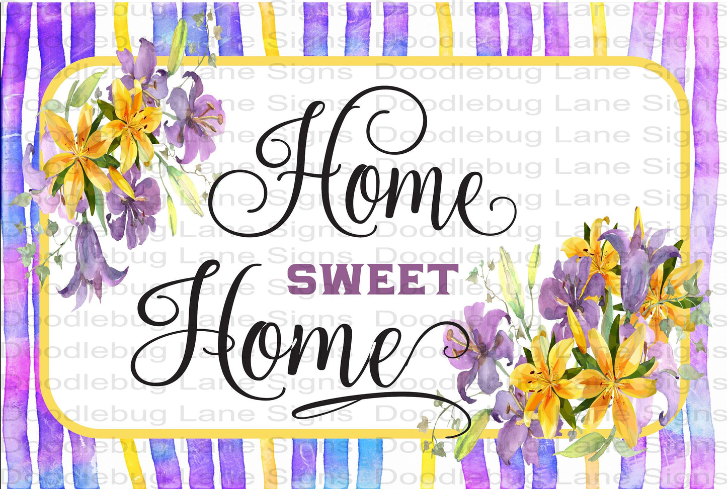 Home Sweet Home Wreath Sign-Floral Sign-Purple And Yellow-Rectangle Wreath Sign-Metal Wreath Sign