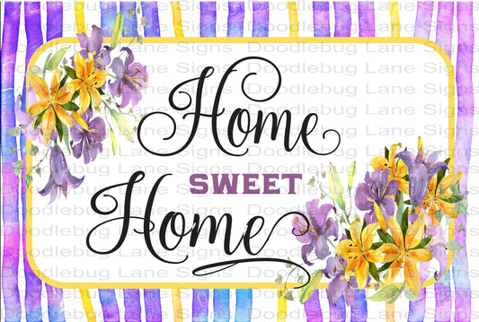 Home Sweet Home Wreath Sign-Floral Sign-Purple And Yellow-Rectangle Wreath Sign-Metal Wreath Sign