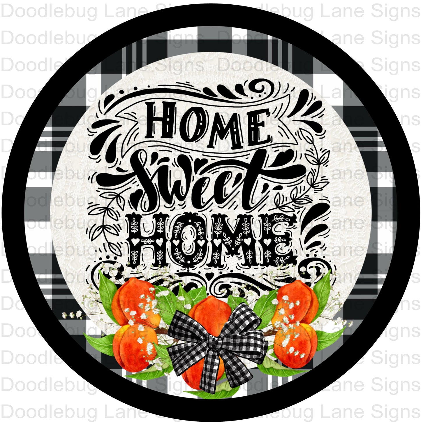 Home Sweet Home Wreath Sign-Peach Sign-Fruit Wreath Sign-Black And White Plaid-Round Wreath Sign-Metal Wreath Sign