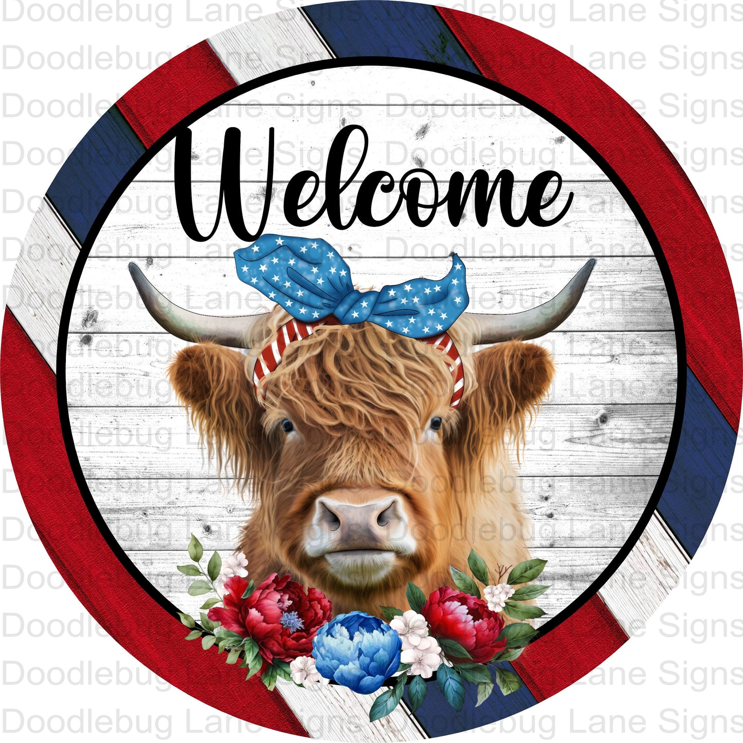 Patriotic Wreath Sign-Highland Cow Wreath Sign-Patriotic Cow Sign-Farmhouse Decor-Round Wreath Sign-Metal Wreath Sign