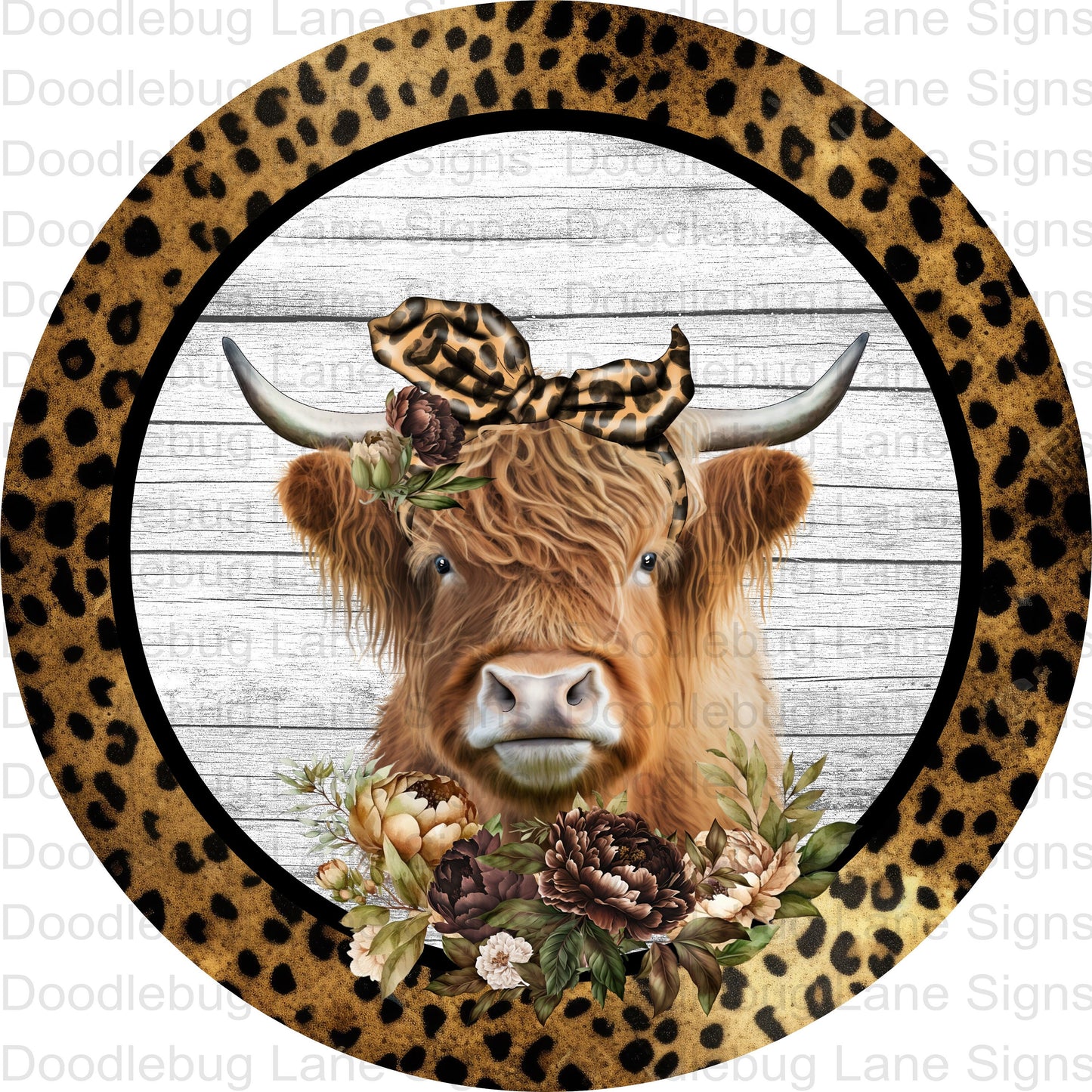 Highland Cow Wreath Sign-Leopard Print Sign-Farmhouse Wreath Decor-Round Wreath Sign-Metal Wreath Sign