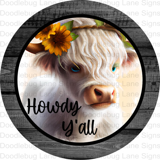 Highland Cow Wreath Sign-Howdy Y'all-Farm Animal Sign-Farmhouse Decor-Round Wreath Sign-Metal Wreath Sign