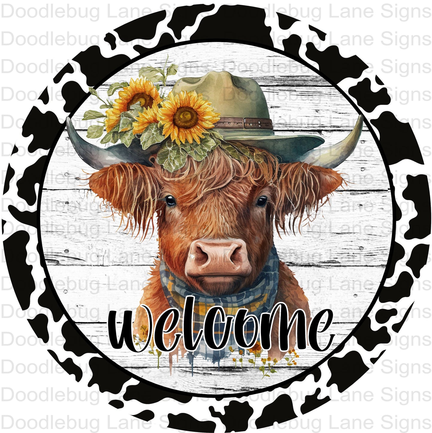 Highland Cow Wreath Sign-Sunflower Sign-Cowboy Hat-Farmhouse Wreath Decor-Round Wreath Sign-Metal Wreath Sign