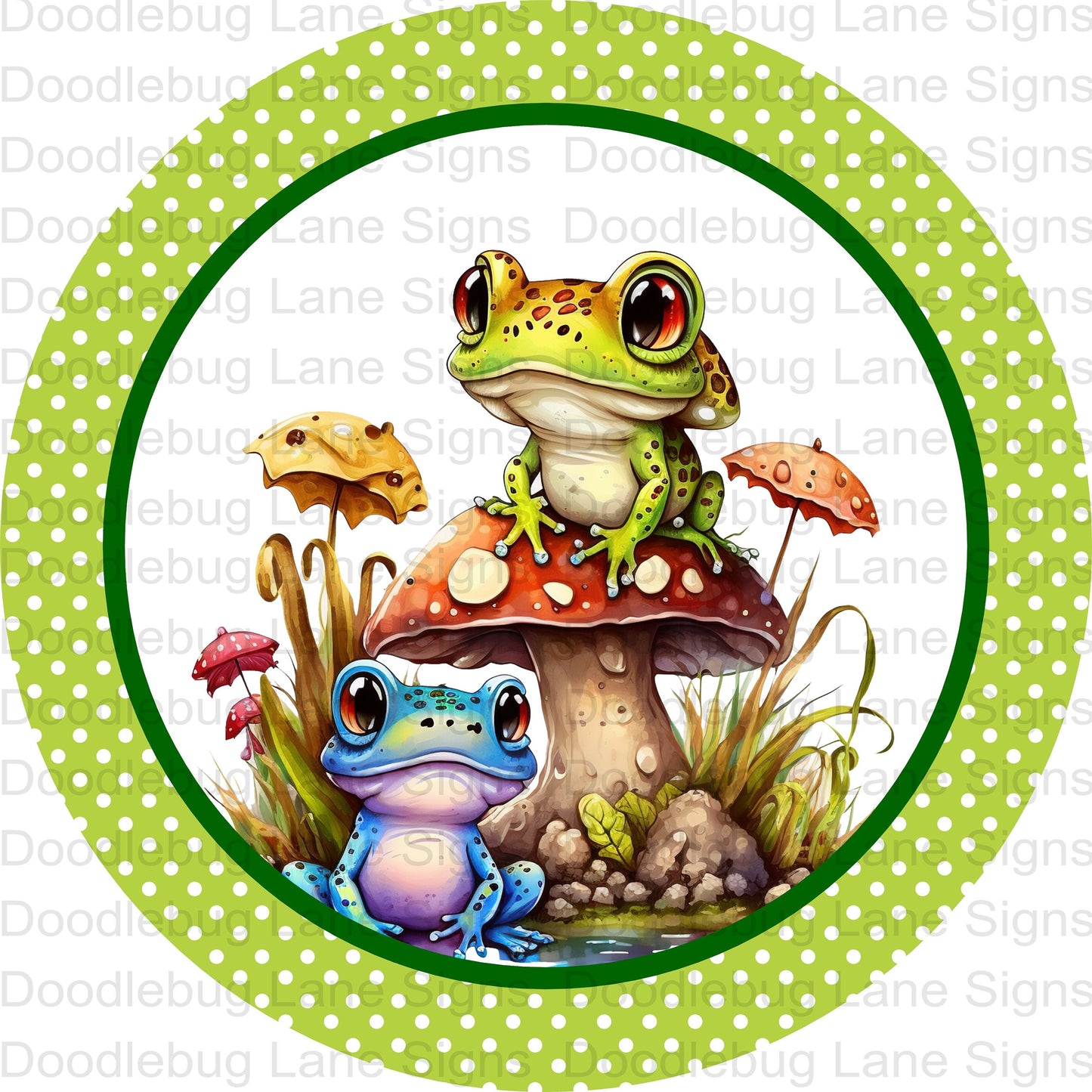 Spring Wreath Sign-Frog Wreath Sign-Green With White Pokla Dots-Round Wreath Sign-Metal Wreath Sign