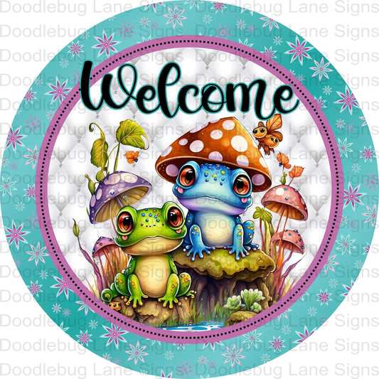 Welcome Wreath Sign-Frog Wreath Sign-Spring Sign-Frog Welcome Sign-Round Wreath Sign-Metal Wreath Sign