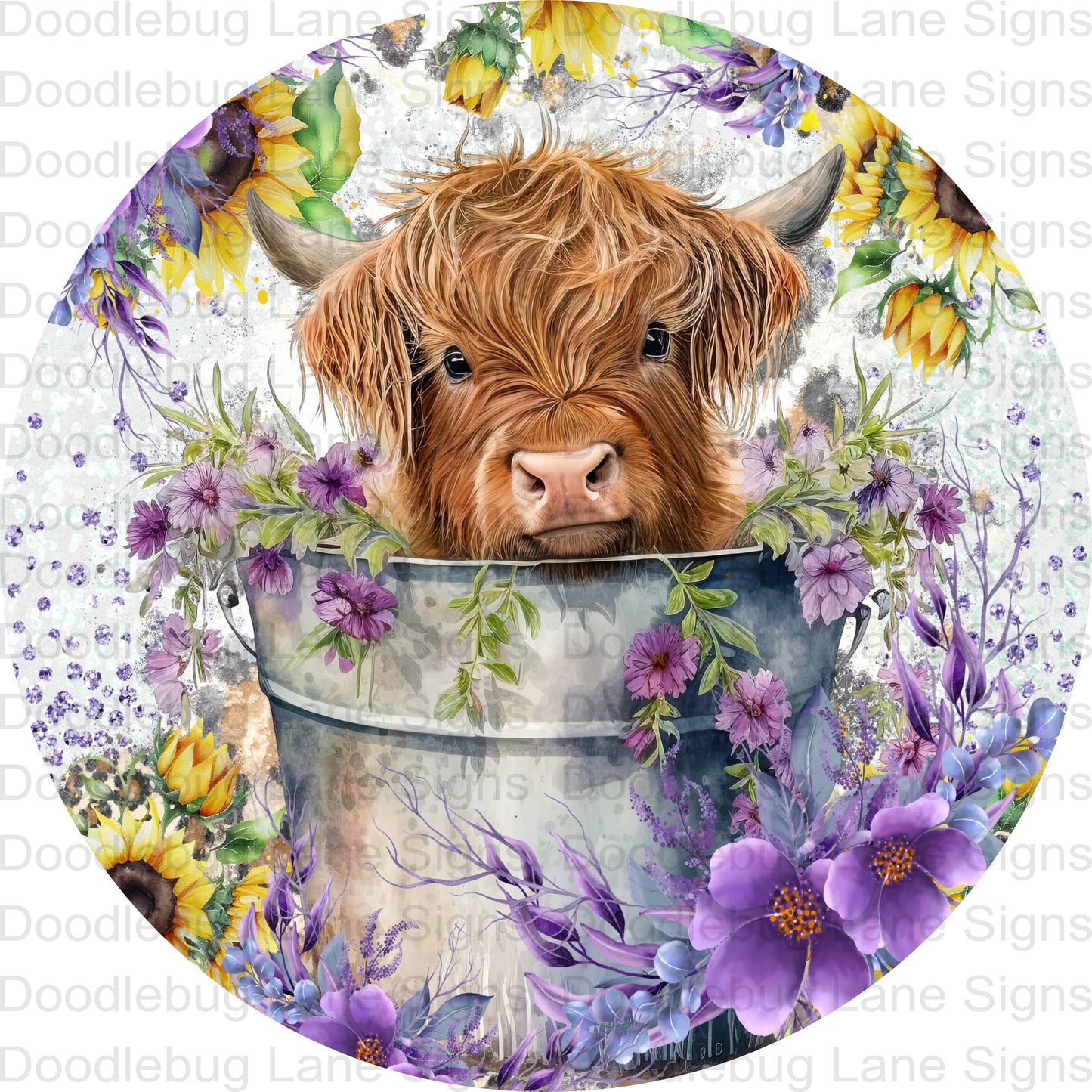 Baby Highland Cow Wreath Sign-Highland Cow In Tub-Farm Animal-Floral Wreath Sign-Round Wreath Signs-Metal Wreath Signs