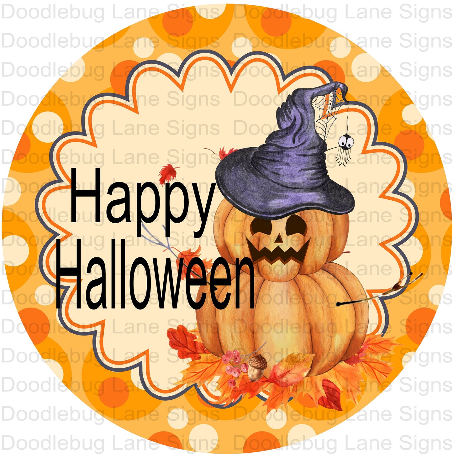 Happy Halloween Wreath Sign-Pumpkin Sign-Witch Hat And Spiders-Round Wreath Sign-Metal Wreath Sign