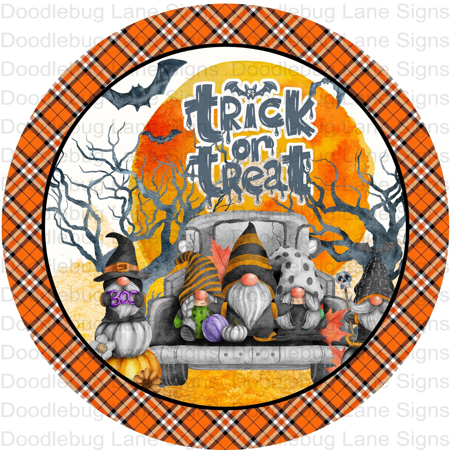 Halloween Wreath Sign-Trick Or Treat-Halloween Gnomes-Spooky Halloween Sign-Round Wreath Sign-Metal Wreath Sign