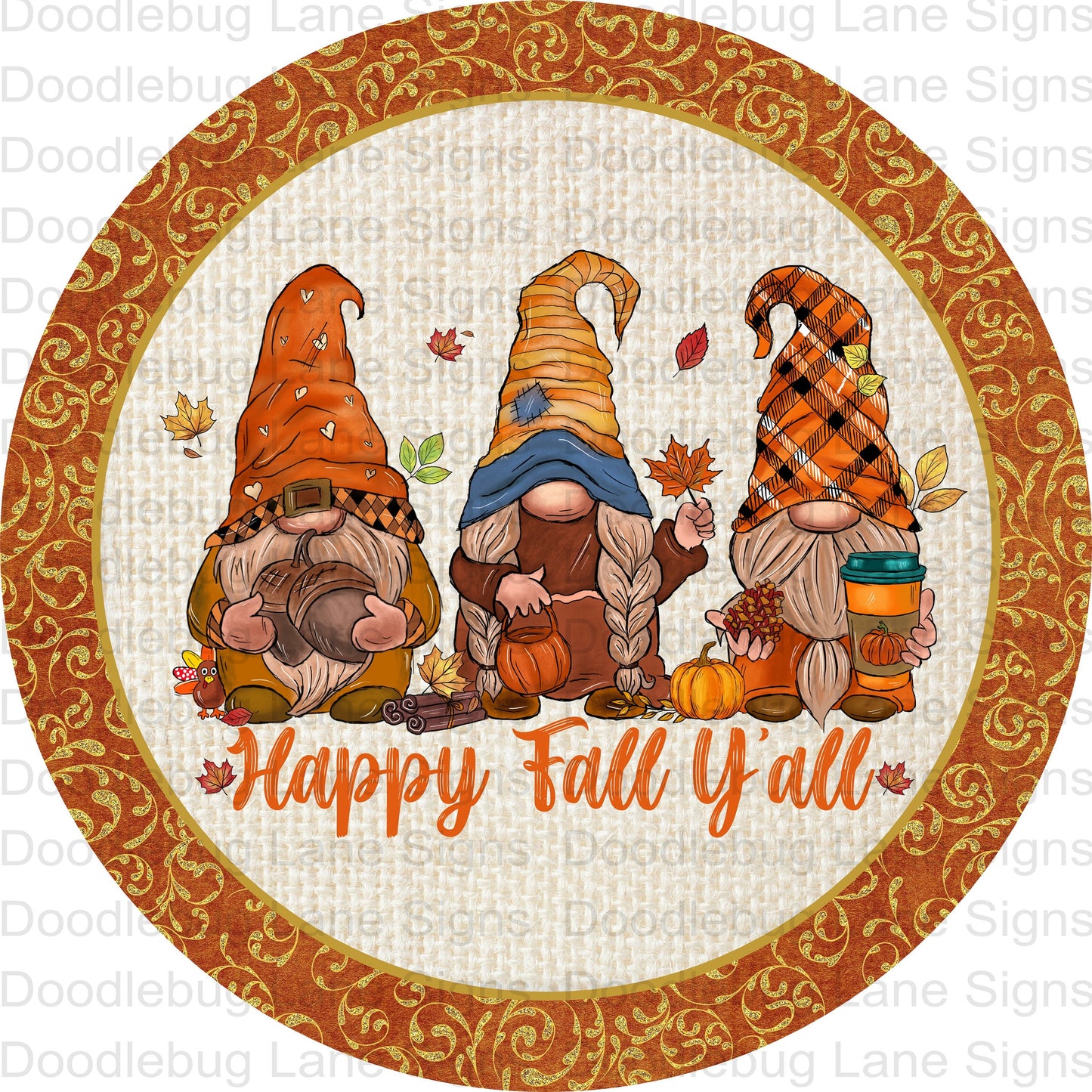 Happy Fall Y'all- Fall Wreath Sign-Fall Gnomes-Round Wreath Sign-Metal Wreath Sign