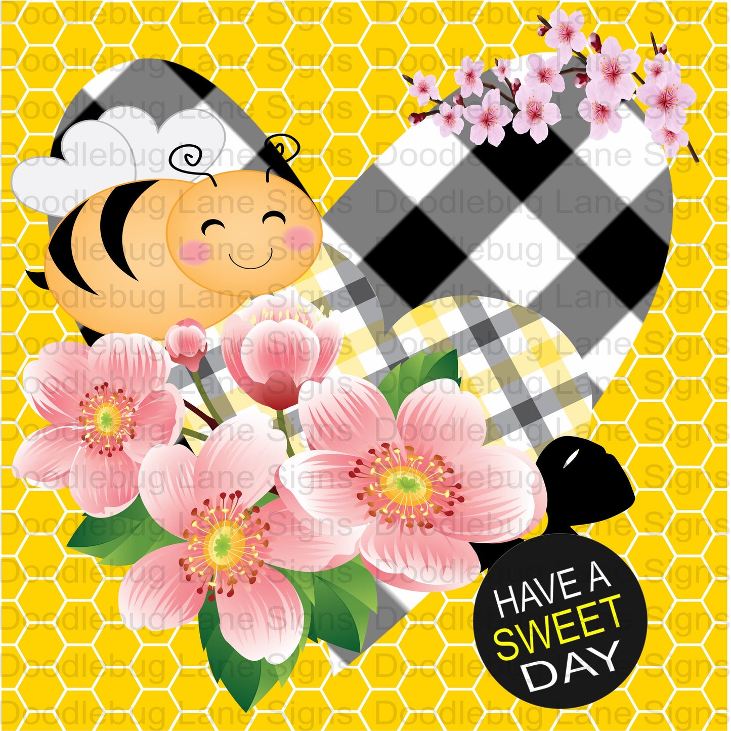 Bee Wreath Sign-Have A Sweet Day-Pink Flowers-Black And White Plaid-Square Wreath Signs Metal Wreath Sign