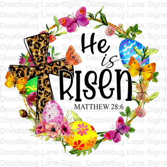 He Is Risen-Easter Wreath Sign-Easter Eggs-Flowers And Butterflies-Round Wreath Sign-Metal Wreath Sign